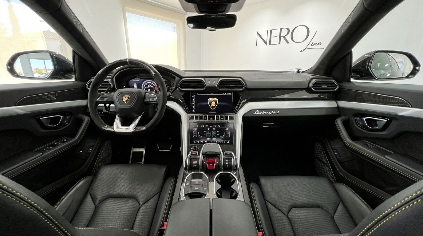 The luxurious black interior cockpit of the Lamborghini Urus Full Black, showcasing its dashboard and steering wheel in Marbella.