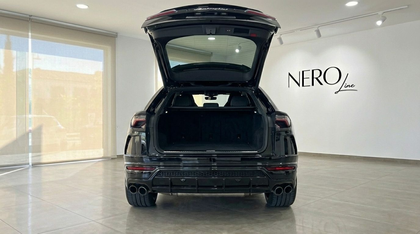 The rear view of a jet black Lamborghini Urus Full Black with its trunk open, showcasing ample cargo space in Marbella.