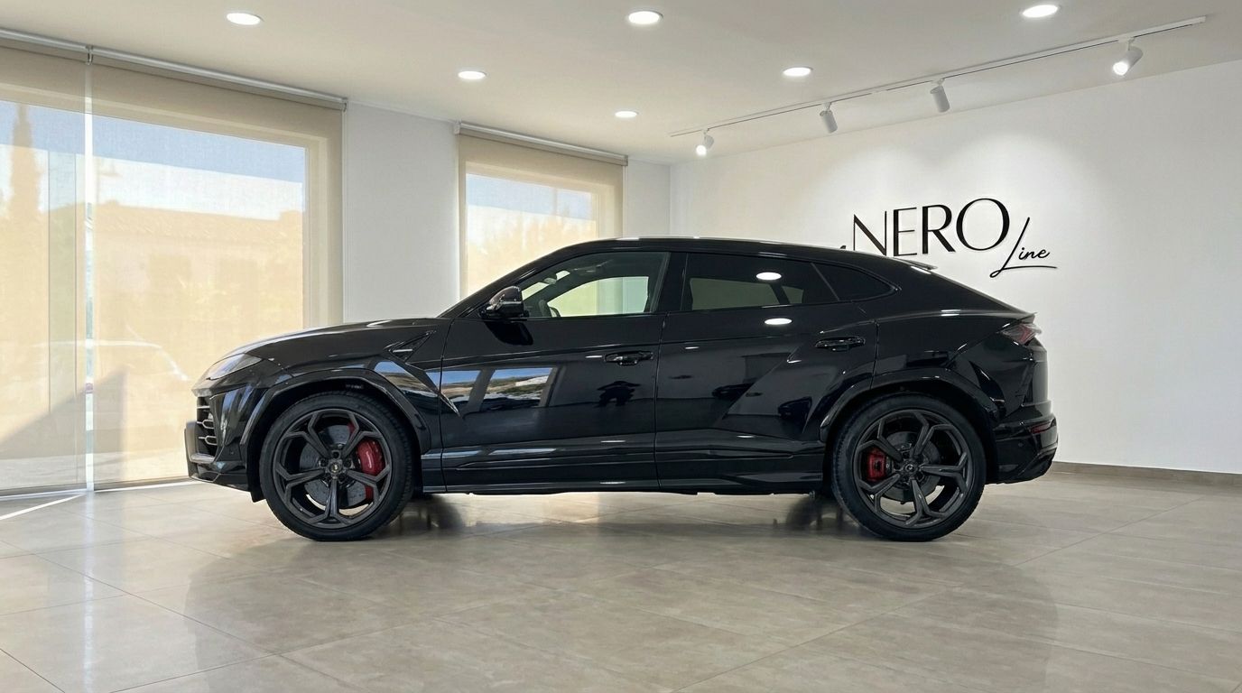 The sleek jet black Lamborghini Urus Full Black is showcased from its side profile in a bright Marbella showroom.