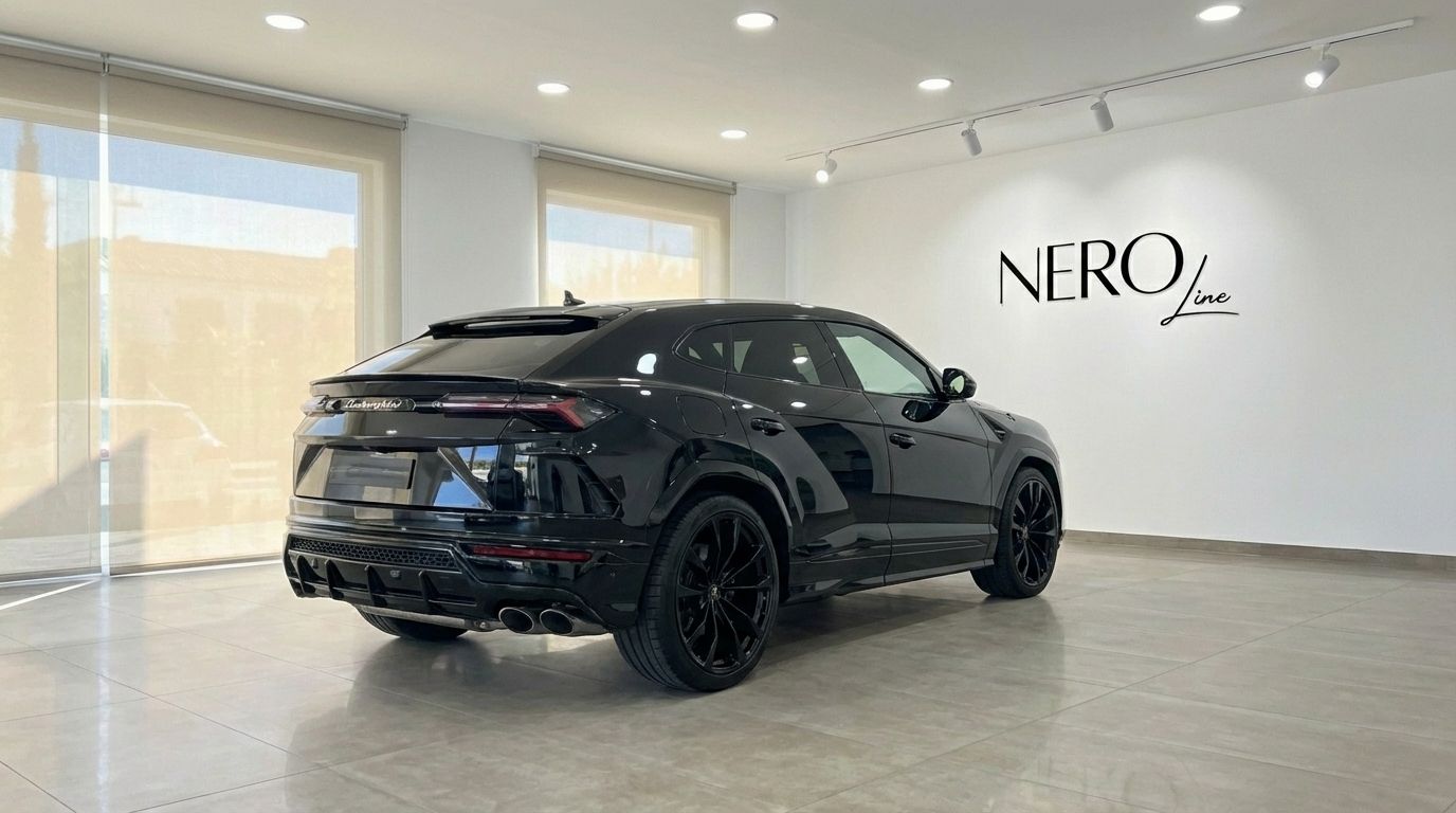 The sleek jet black Lamborghini Urus Full Black is showcased from a rear three-quarter angle in a bright showroom in Marbella.