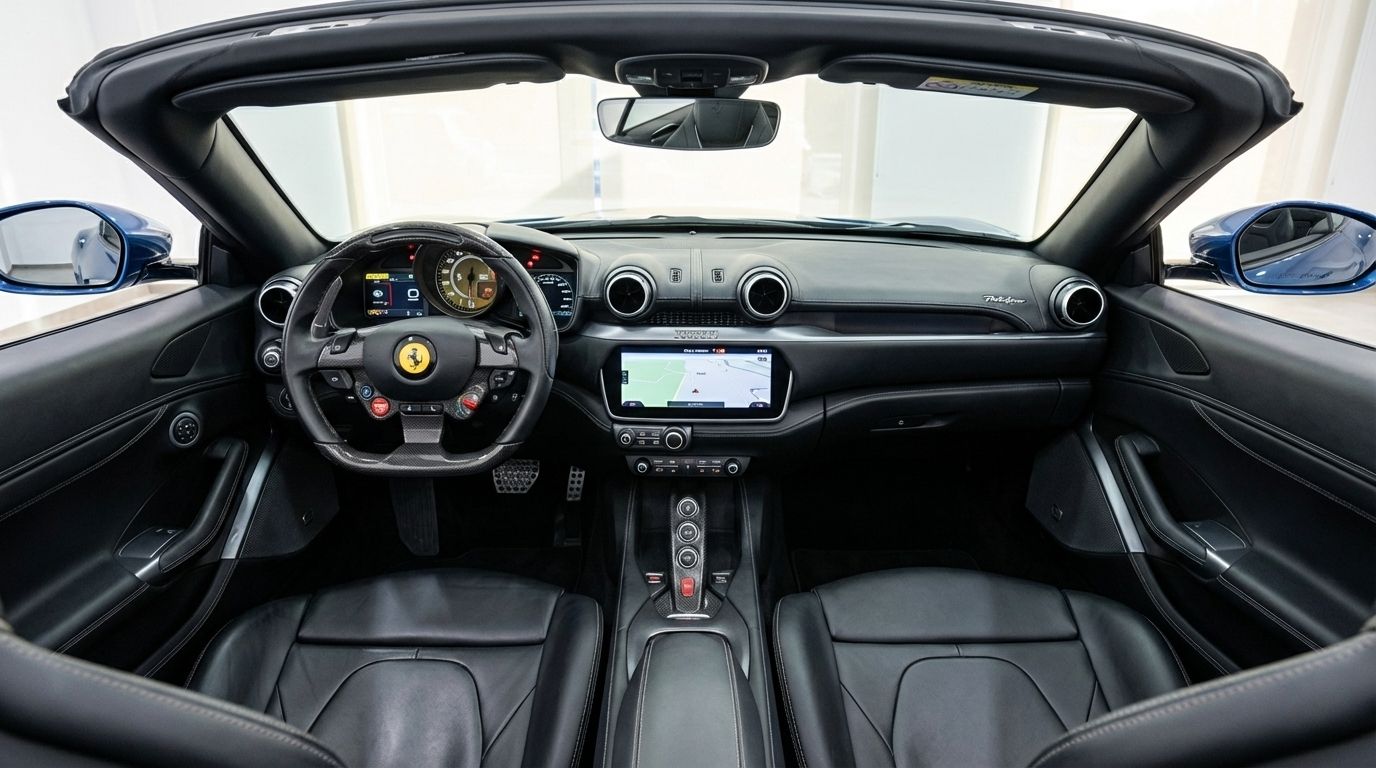The luxurious black leather interior of the Ferrari Portofino, featuring the detailed dashboard, steering wheel, and central console in Malaga.