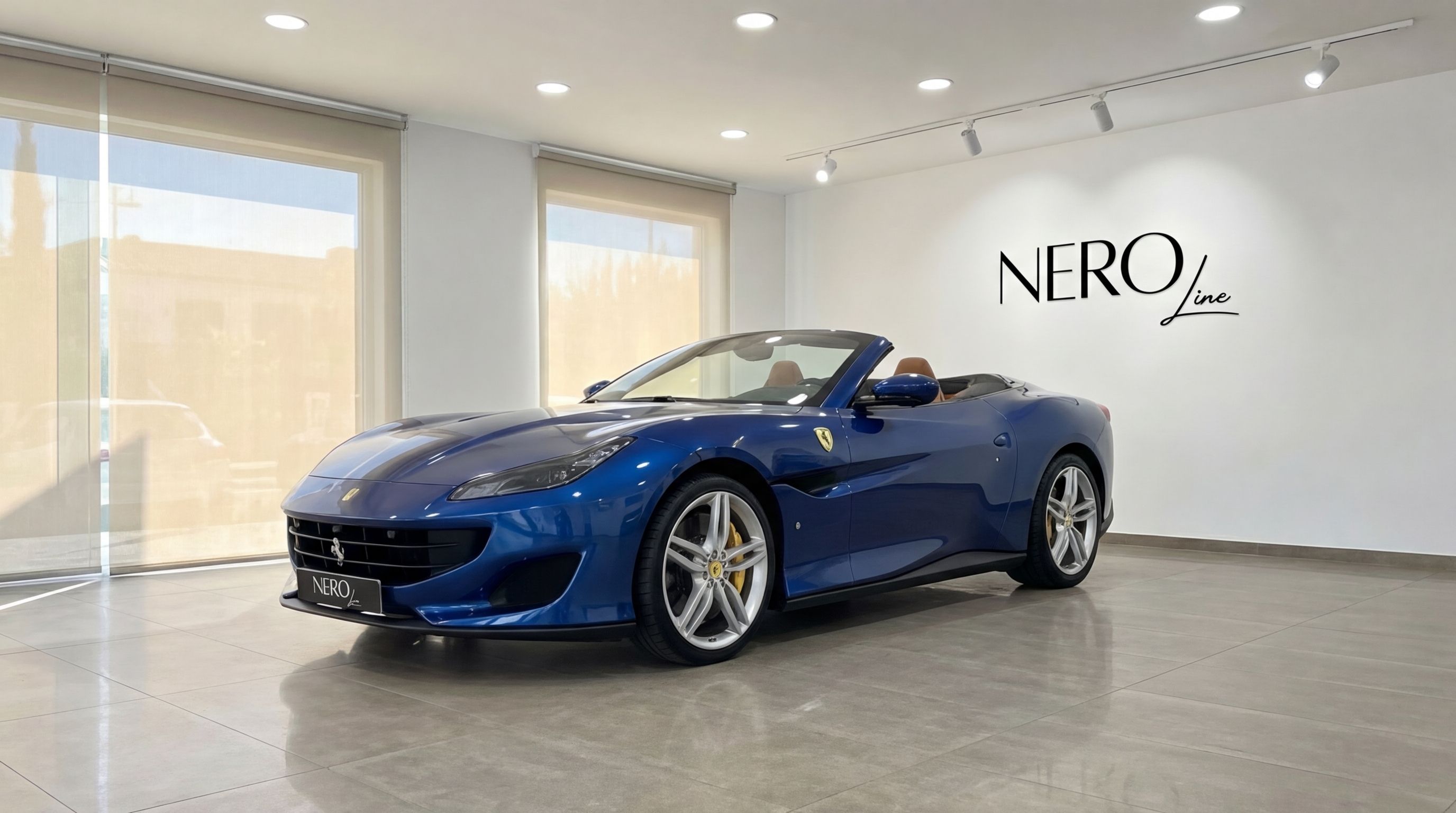 The metallic blue 2022 Ferrari Portofino convertible is showcased from a front three-quarter view in a showroom in Malaga.