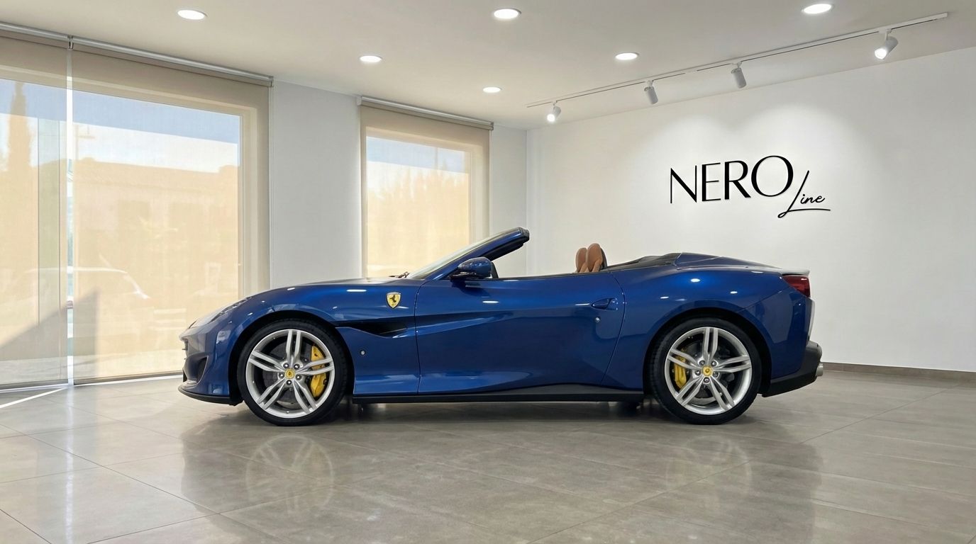 The metallic blue Ferrari Portofino convertible is showcased from its side profile with the top down in a bright Malaga showroom.