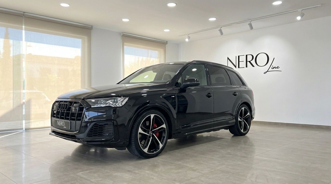 Black 2021 Audi SQ7 performance SUV parked in a showroom in Marbella, showcasing its front three-quarter view.