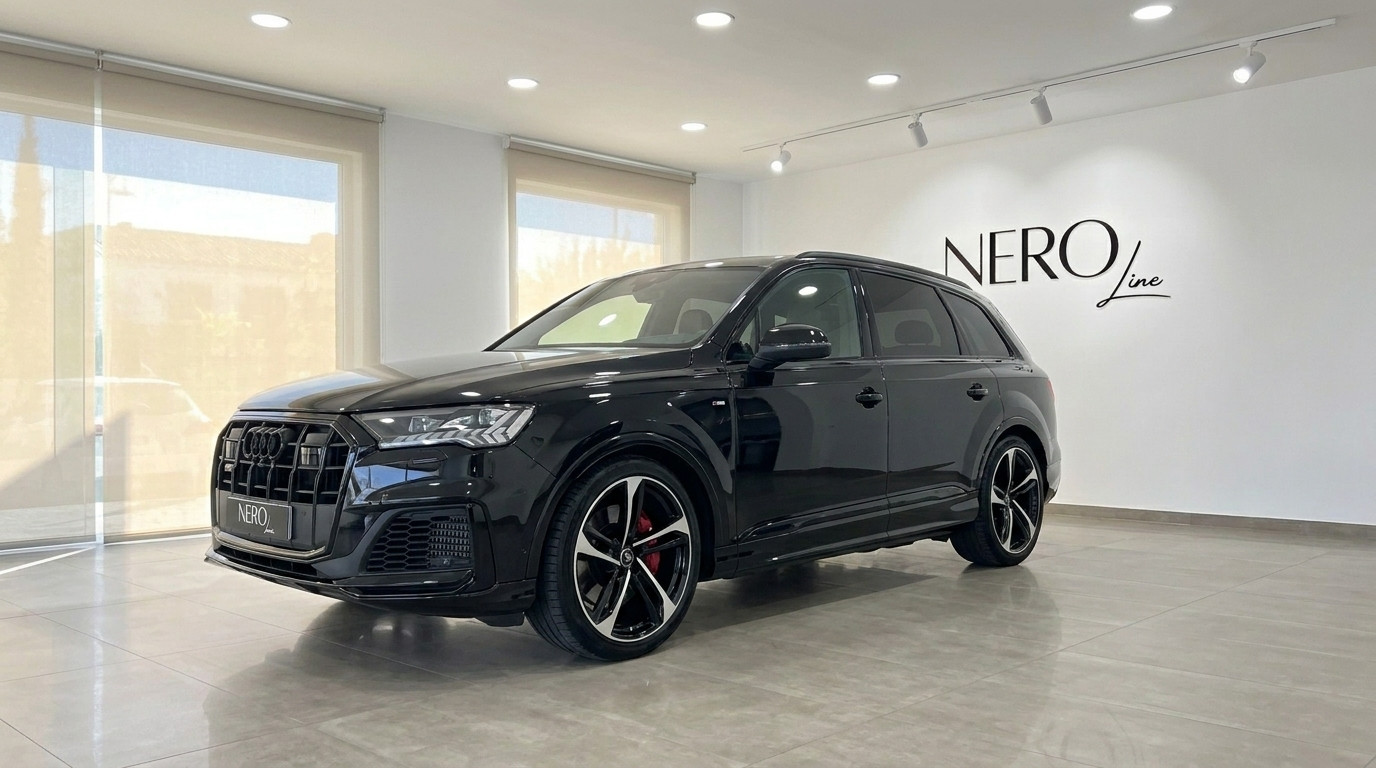 Audi SQ7 — Front three-quarter view in Marbella Black 2021 Audi SQ7 performance SUV parked in a showroom in Marbella, showcasing its front three-quarter view.