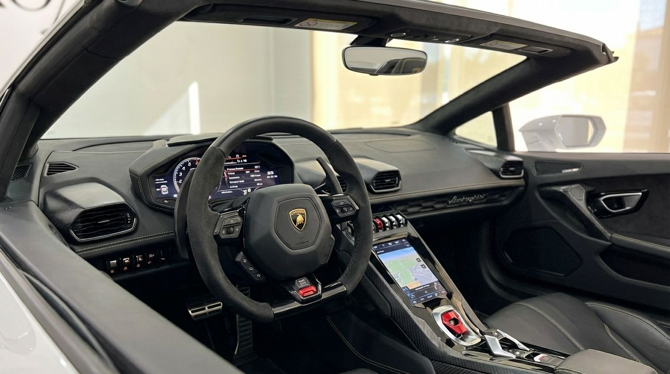 The luxurious black leather and carbon fiber cockpit of the Lamborghini Huracan Evo Spyder in Alicante, featuring the steering wheel, digital dashboard, and central infotainment screen.