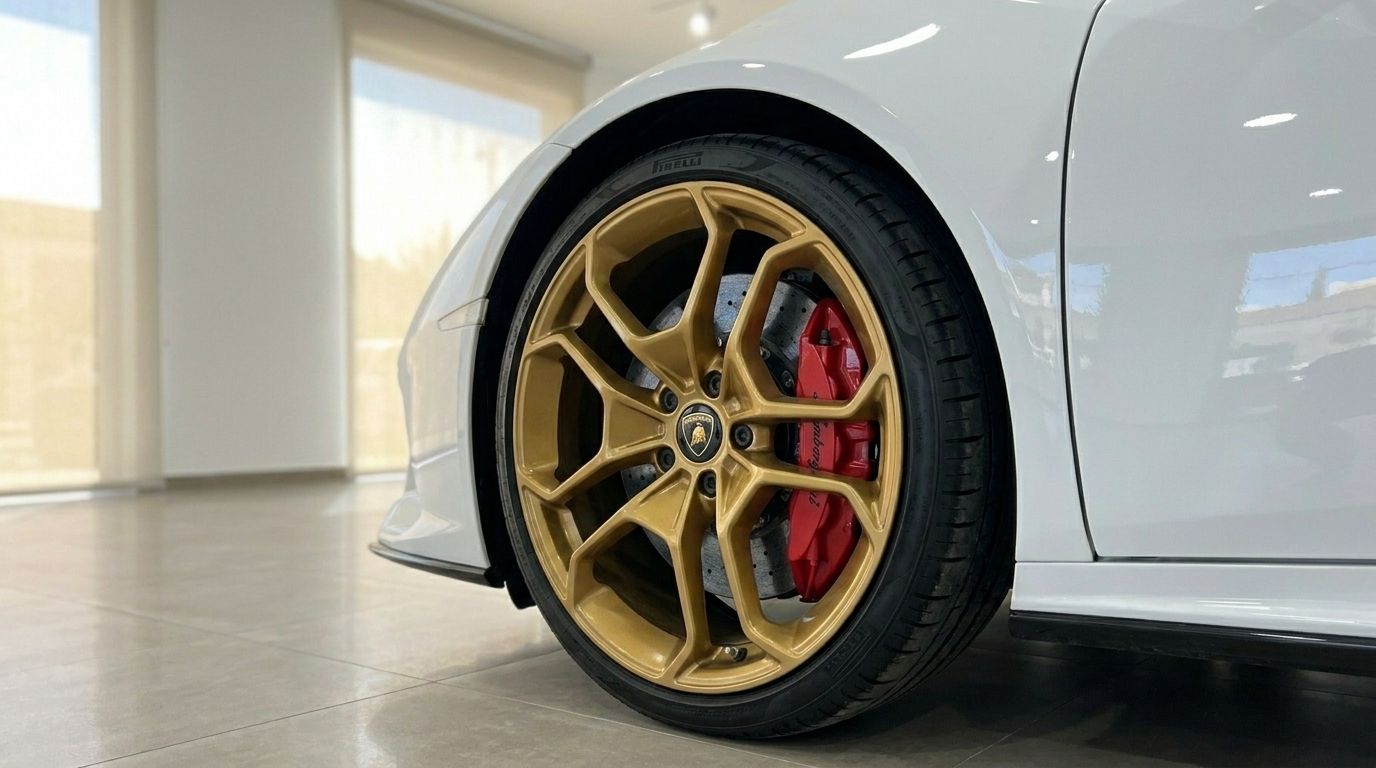 The white Lamborghini Huracan Evo Spyder in Alicante showcases its distinctive gold multi-spoke front wheel with vibrant red brake calipers.