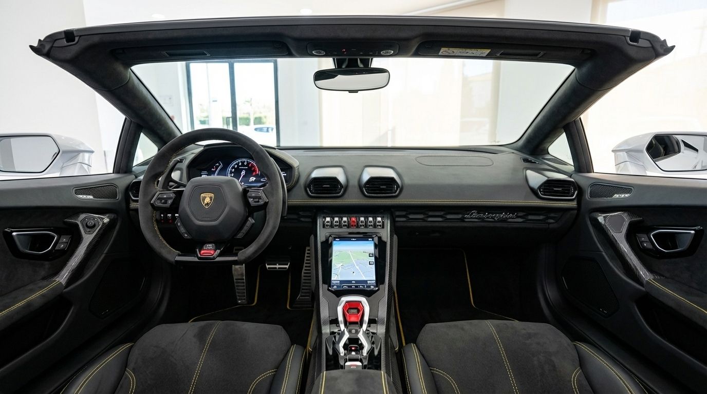 The luxurious interior cockpit of the 2021 Lamborghini Huracan Evo Spyder convertible, showcasing the steering wheel, digital dashboard, and central touchscreen in Alicante.