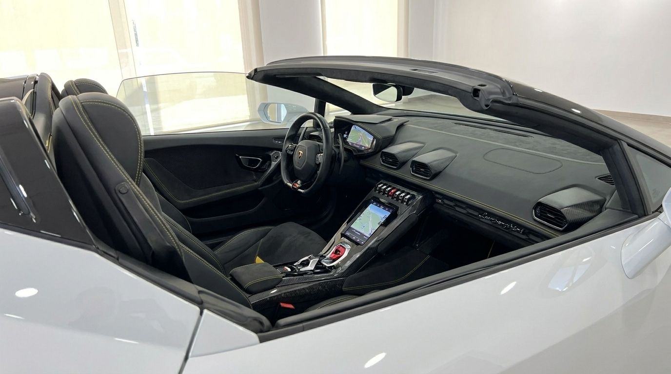 The image shows the luxurious black and yellow interior cockpit of the Lamborghini Huracan Evo Spyder in Alicante, featuring the dashboard and seats.