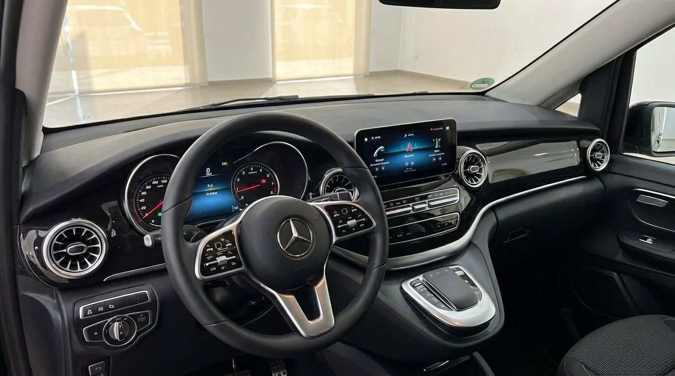 The Mercedes-Benz V-Class interior features a detailed view of the dashboard, steering wheel, and infotainment screen in Marbella.