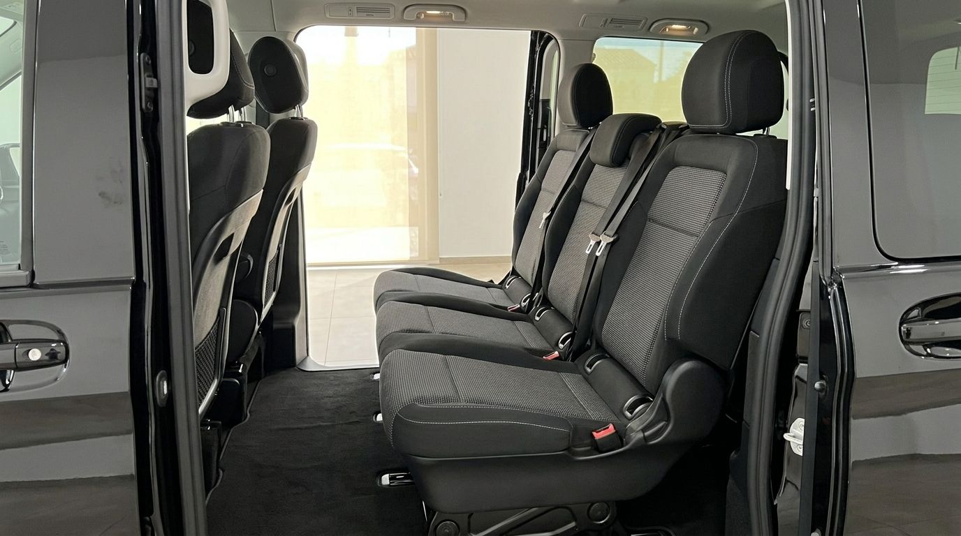 View of the spacious rear interior of the Mercedes-Benz V-Class, showcasing three rows of black fabric seats with the sliding door open in Marbella.