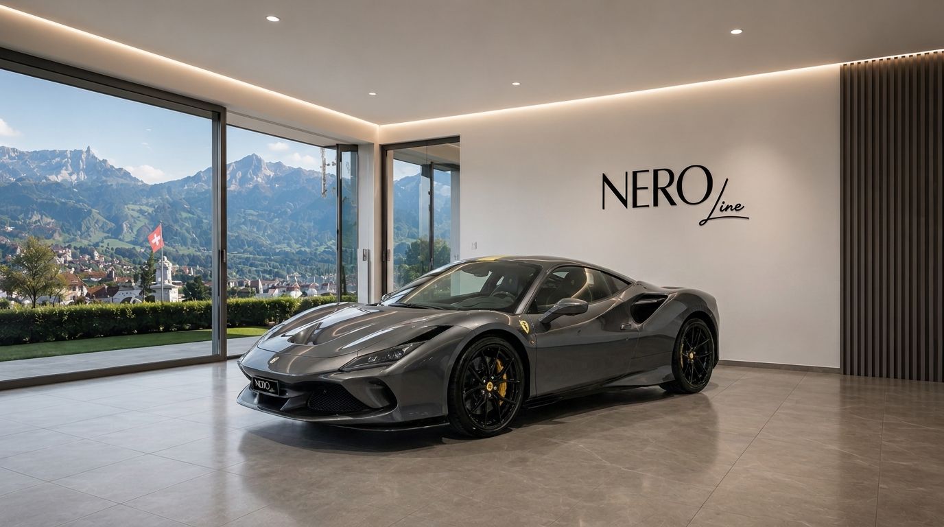 A dark grey Ferrari F8 Tributo supercar is elegantly displayed in a modern Zurich showroom with a stunning mountain vista.