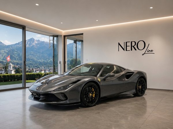Ferrari F8 Tributo — Showroom display in Zurich A dark grey Ferrari F8 Tributo supercar is elegantly displayed in a modern Zurich showroom with a stunning mountain vista.