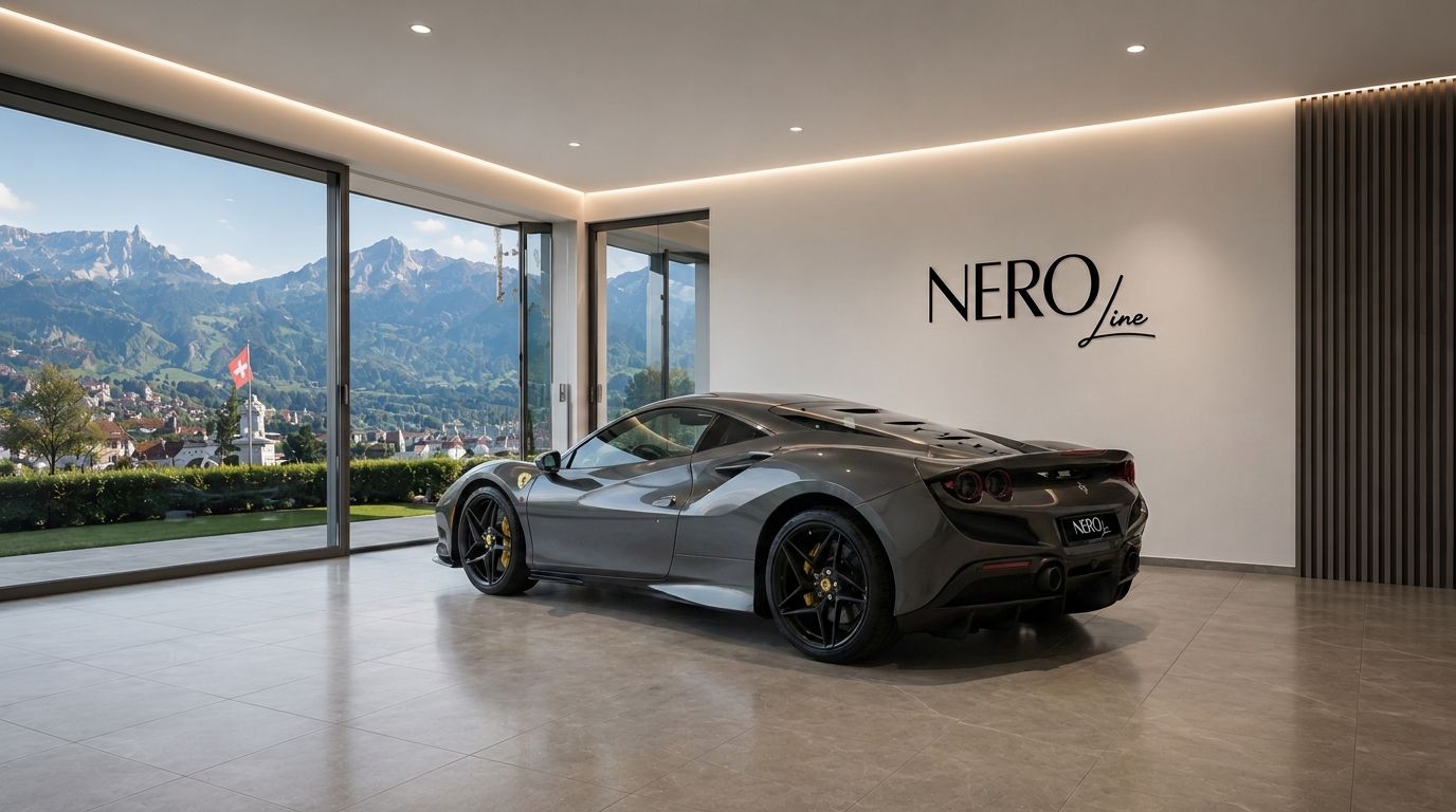 A grey Ferrari F8 Tributo is parked in a modern showroom, showcasing its rear three-quarter view with Zurich's mountains in the background.