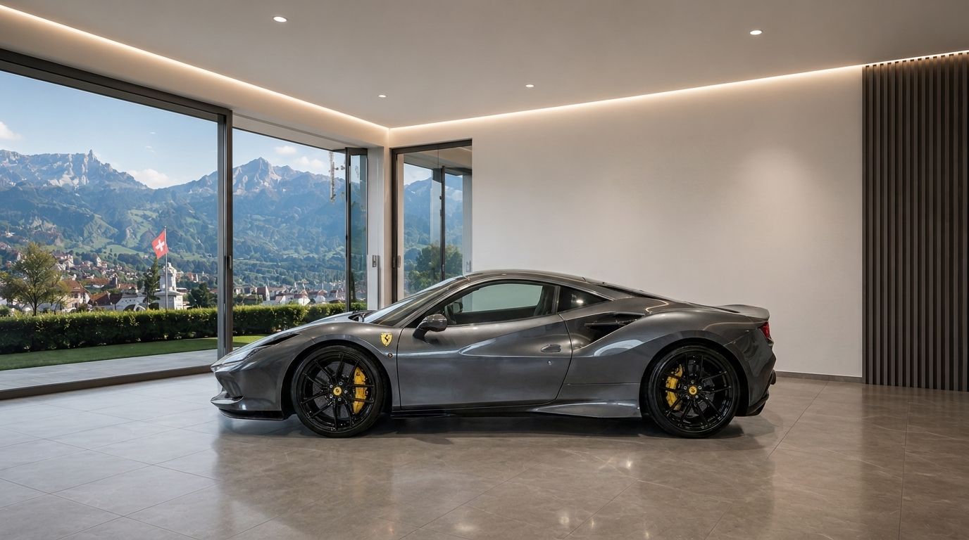 The grey Ferrari F8 Tributo is parked indoors, showcasing its sleek side profile against a panoramic view of the Zurich mountains.