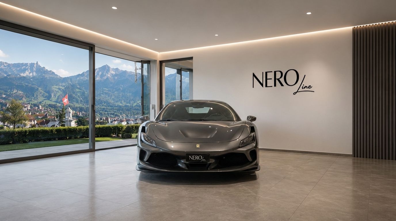 A sleek grey Ferrari F8 Tributo is parked front-on in a modern showroom with a panoramic view of the Zurich mountains.