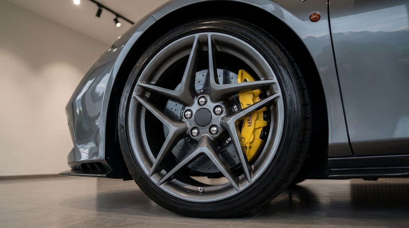 Close-up of the Ferrari F8 Tributo's front wheel, showcasing the grey multi-spoke rim and vibrant yellow brake caliper in Zurich.
