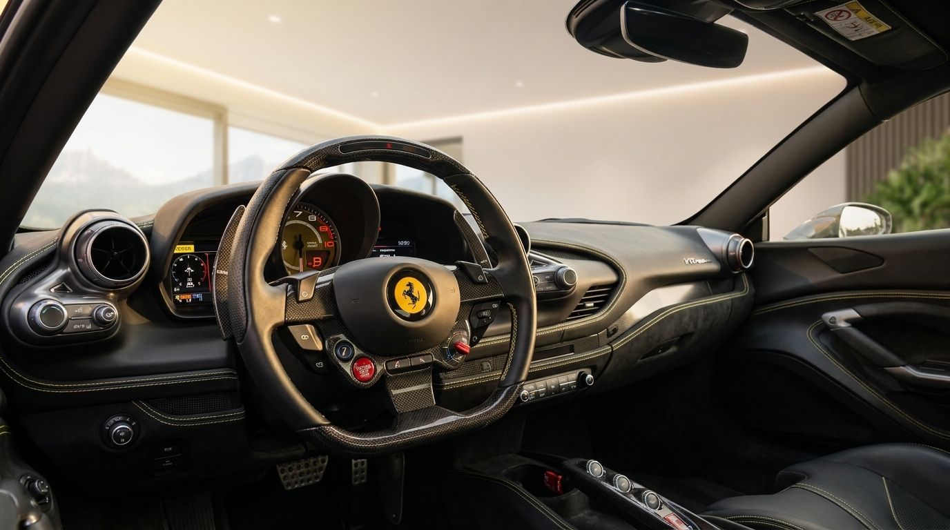 The luxurious interior of a Ferrari F8 Tributo, showcasing the carbon fiber steering wheel and dashboard in Zurich.