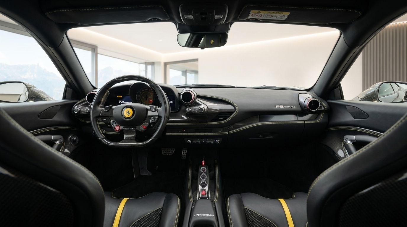 The Ferrari F8 Tributo's luxurious black and yellow interior, featuring the steering wheel and dashboard, is visible from the passenger seat in Zurich.