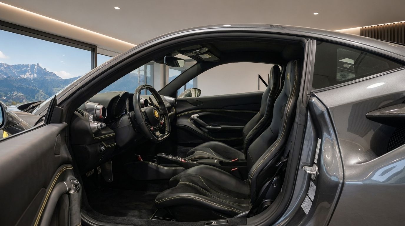 Ferrari F8 Tributo driver's interior: black leather seats, yellow stitching, steering wheel, mountain view from Zurich.