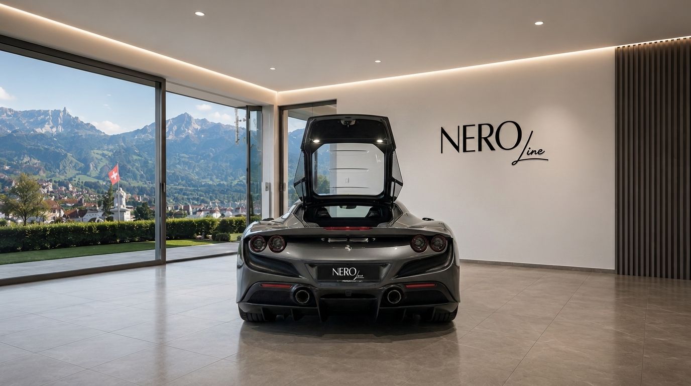 The rear view of a grey Ferrari F8 Tributo with its engine bay open, inside a showroom overlooking Zurich mountains.