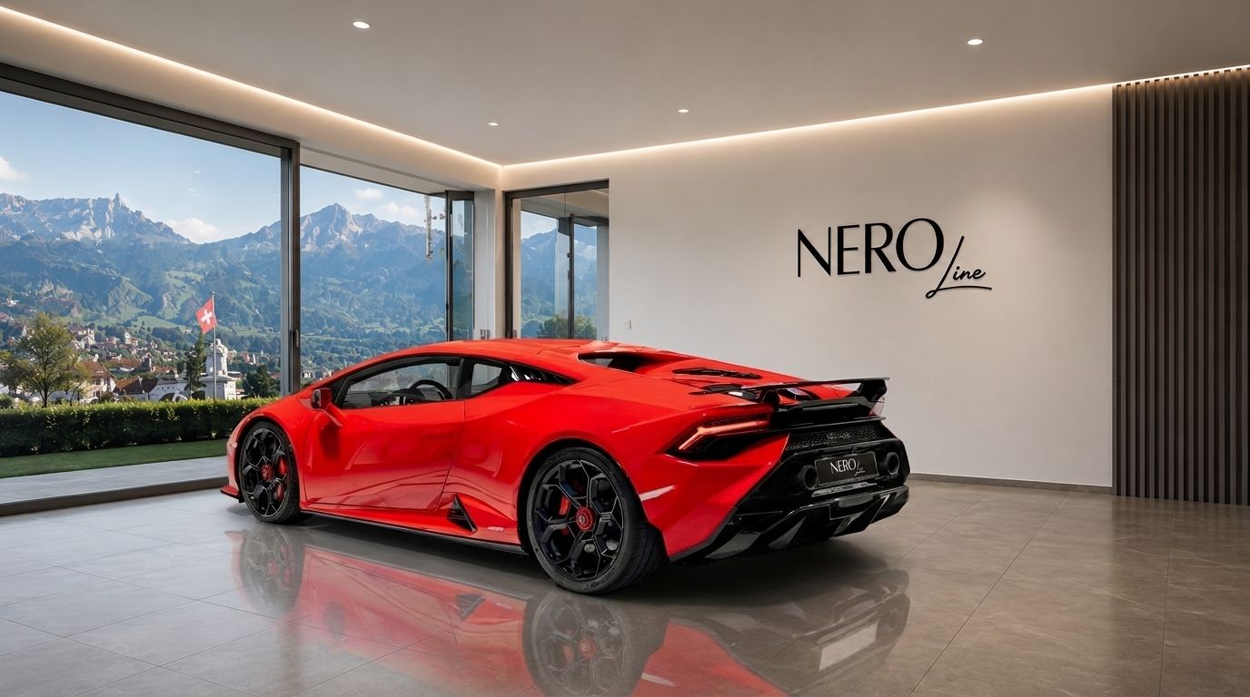 A red Lamborghini Huracan Tecnica is parked in a luxury showroom, showcasing its rear-three-quarter view with a stunning mountainous Zurich backdrop.