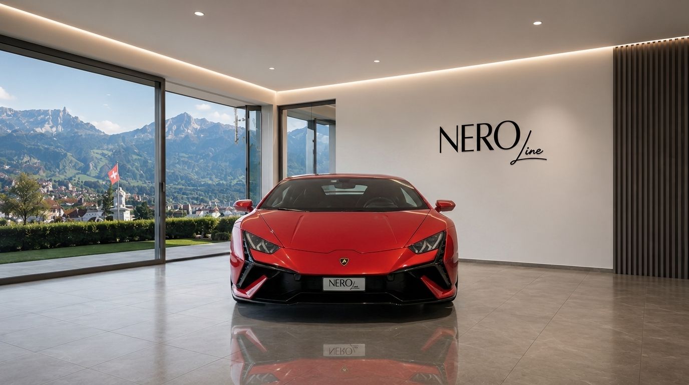 The red Lamborghini Huracan Tecnica is parked front-on in a modern showroom with a panoramic view of the Zurich mountains.