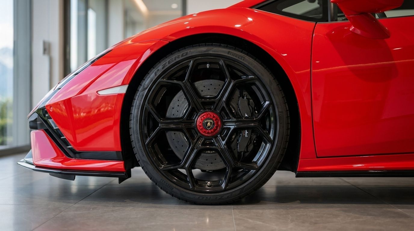 The red Lamborghini Huracan Tecnica's front wheel and fender are prominently displayed in a Zurich showroom.