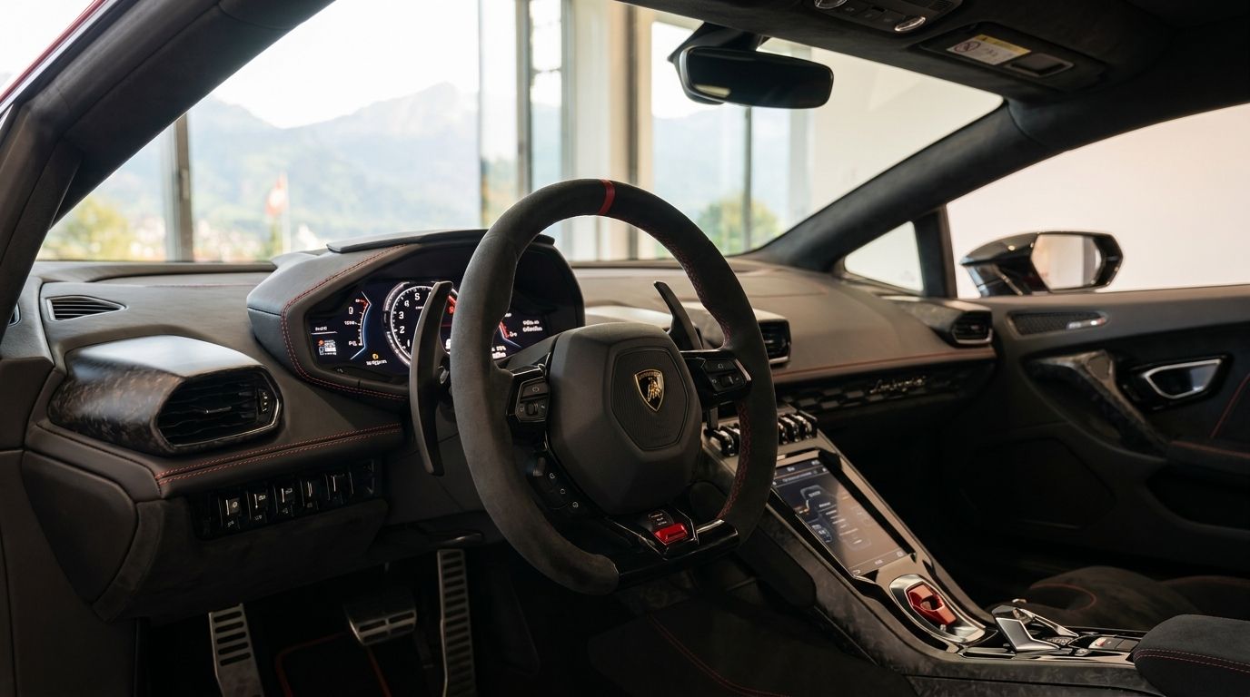 The luxurious cockpit of the Lamborghini Huracan Tecnica in Zurich, featuring its steering wheel, dashboard, and digital displays.