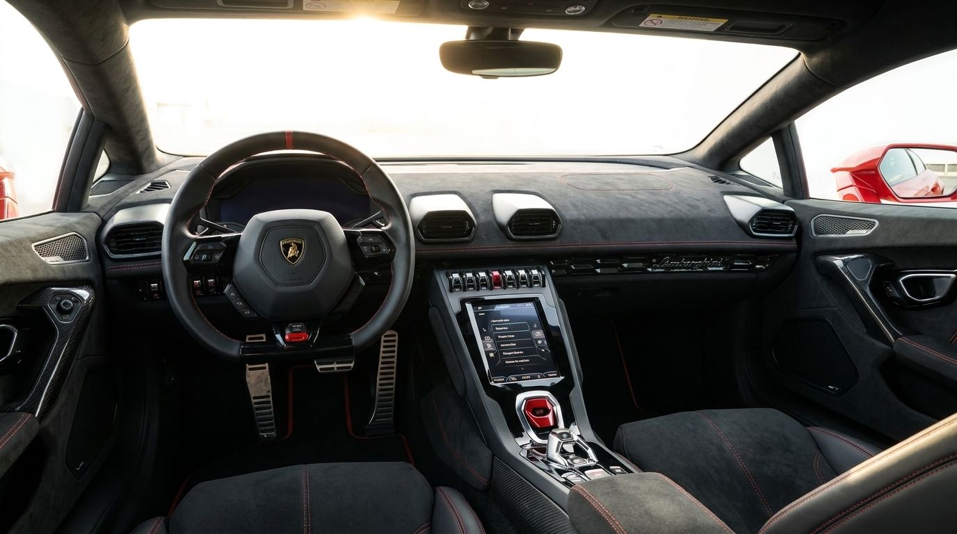 The luxurious cockpit of the Lamborghini Huracan Tecnica in Zurich, featuring a steering wheel, digital display, and central console with red accents.