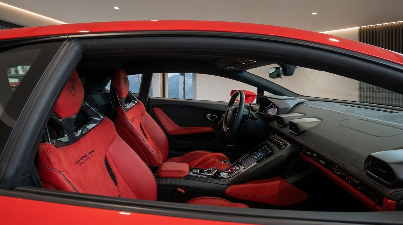 The luxurious red and black interior of the Lamborghini Huracan Tecnica, showcasing the cockpit and sport seats, with mountains visible outside in Zurich.