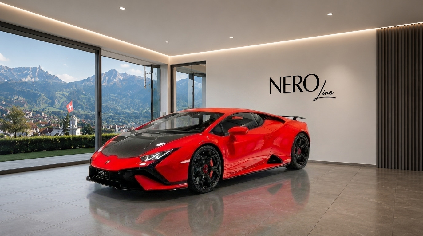 Lamborghini Huracan Tecnica — Zurich showroom A vibrant red Lamborghini Huracan Tecnica is showcased in a modern Zurich showroom, overlooking scenic mountains.