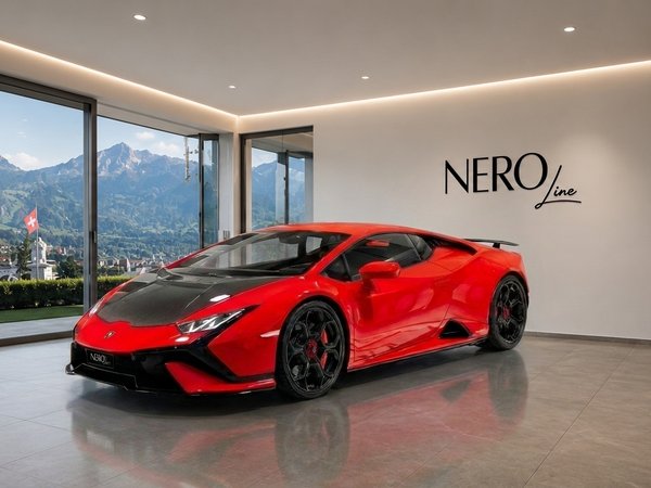 Lamborghini Huracan Tecnica — Zurich showroom A vibrant red Lamborghini Huracan Tecnica is showcased in a modern Zurich showroom, overlooking scenic mountains.