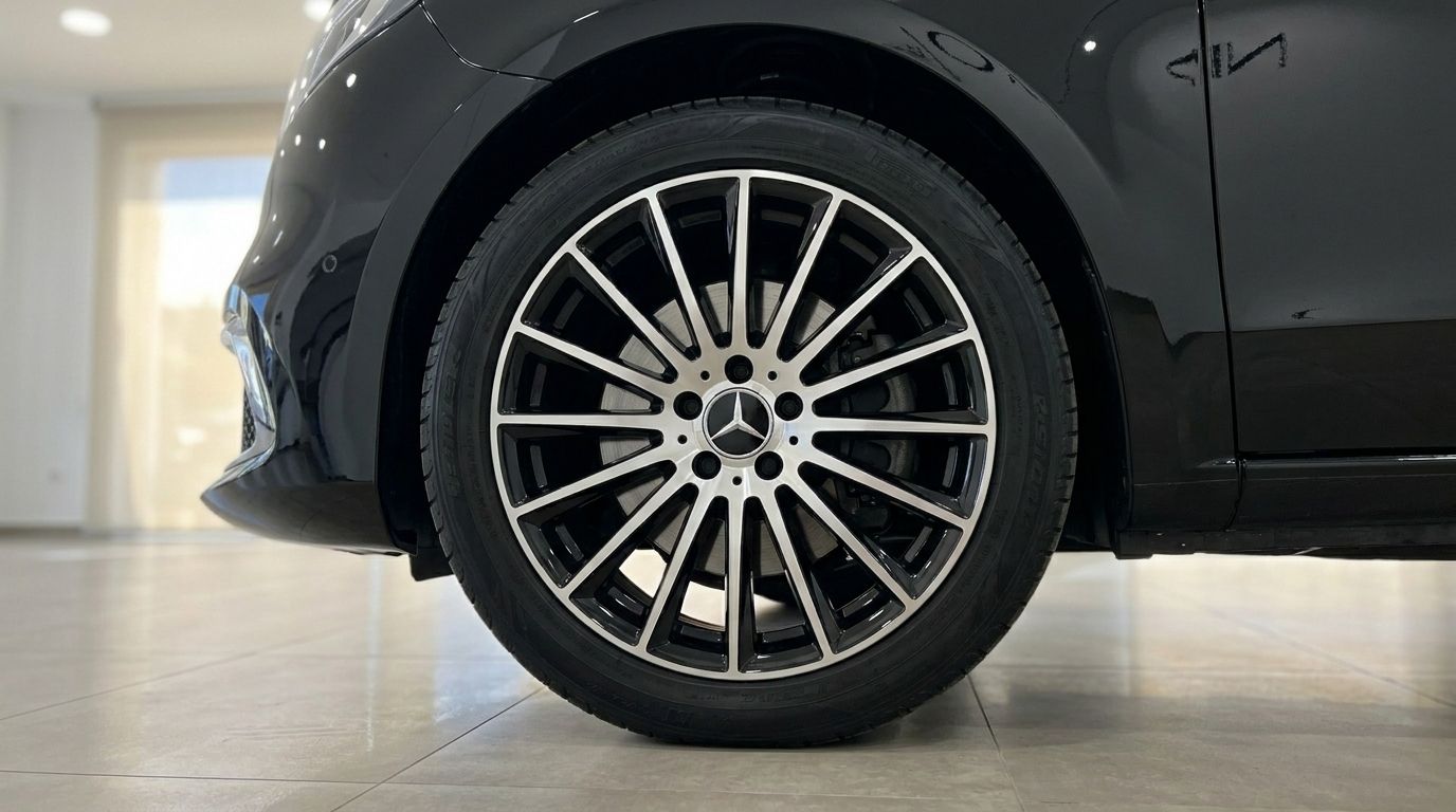 Mercedes-Benz V250d Hermes VIP's gloss black multi-spoke front wheel and tire, showcasing its elegant design in Barcelona.