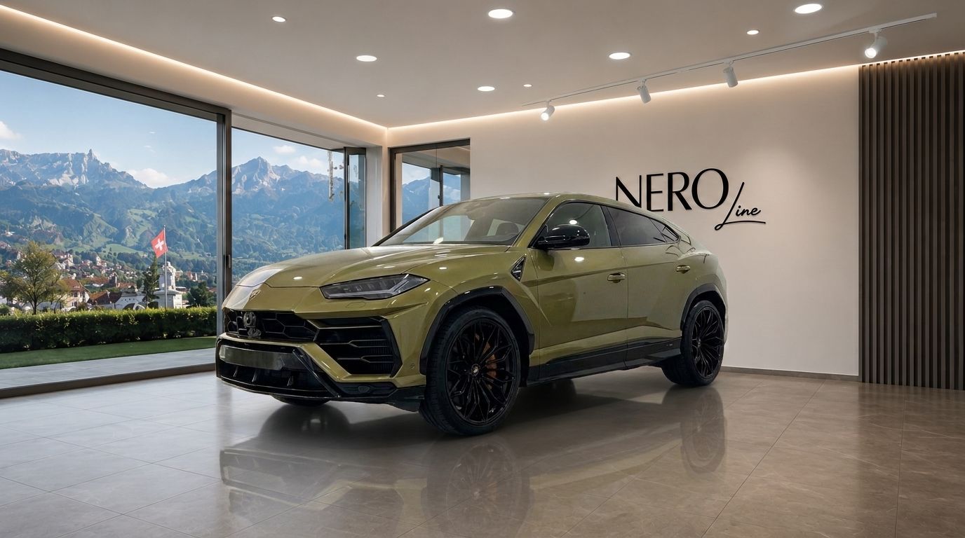 Gloss Olive Green Metallic Lamborghini Urus SE in a modern Zurich showroom, with a stunning mountain landscape visible through large windows.