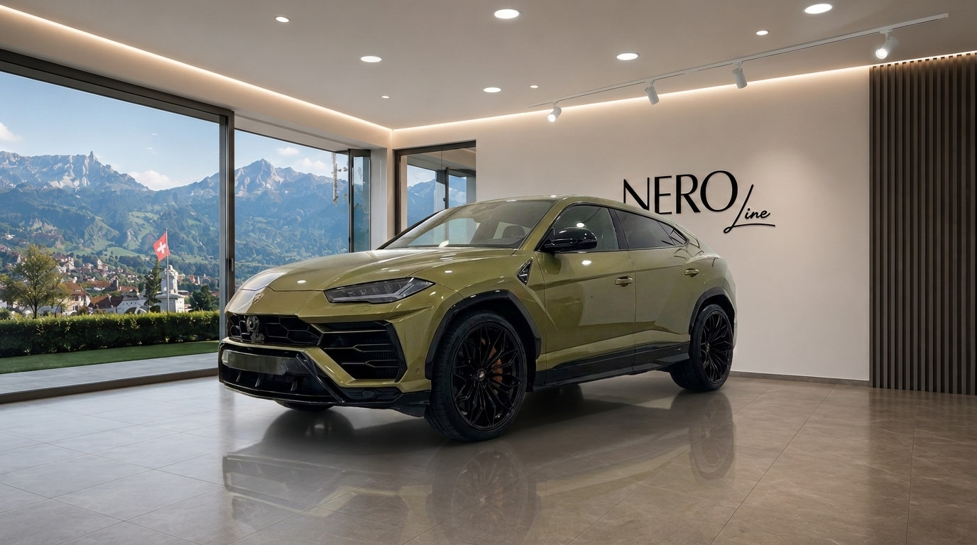 Lamborghini Urus SE — Showroom with mountain view Gloss Olive Green Metallic Lamborghini Urus SE in a modern Zurich showroom, with a stunning mountain landscape visible through large windows.