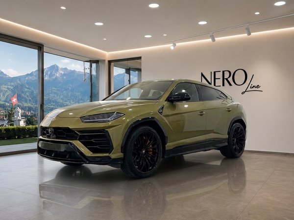 Lamborghini Urus SE — Showroom with mountain view Gloss Olive Green Metallic Lamborghini Urus SE in a modern Zurich showroom, with a stunning mountain landscape visible through large windows.