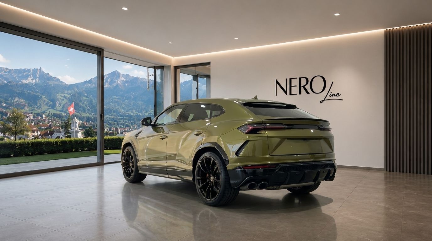 Gloss Olive Green Metallic Lamborghini Urus SE from the rear three-quarter angle in a showroom with a panoramic mountain view in Zurich.