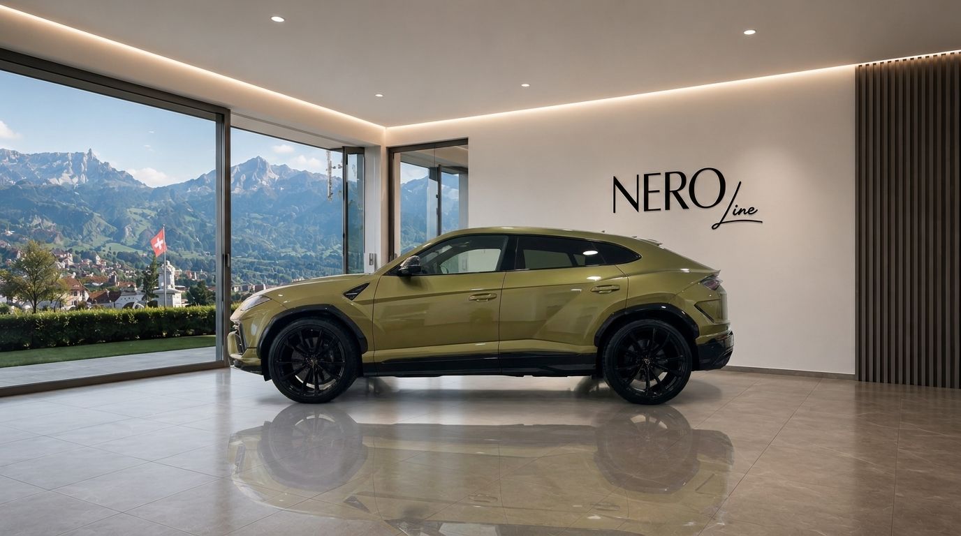 Lamborghini Urus SE in Gloss Olive Green Metallic, parked in a showroom with a panoramic view of Zurich's mountains.