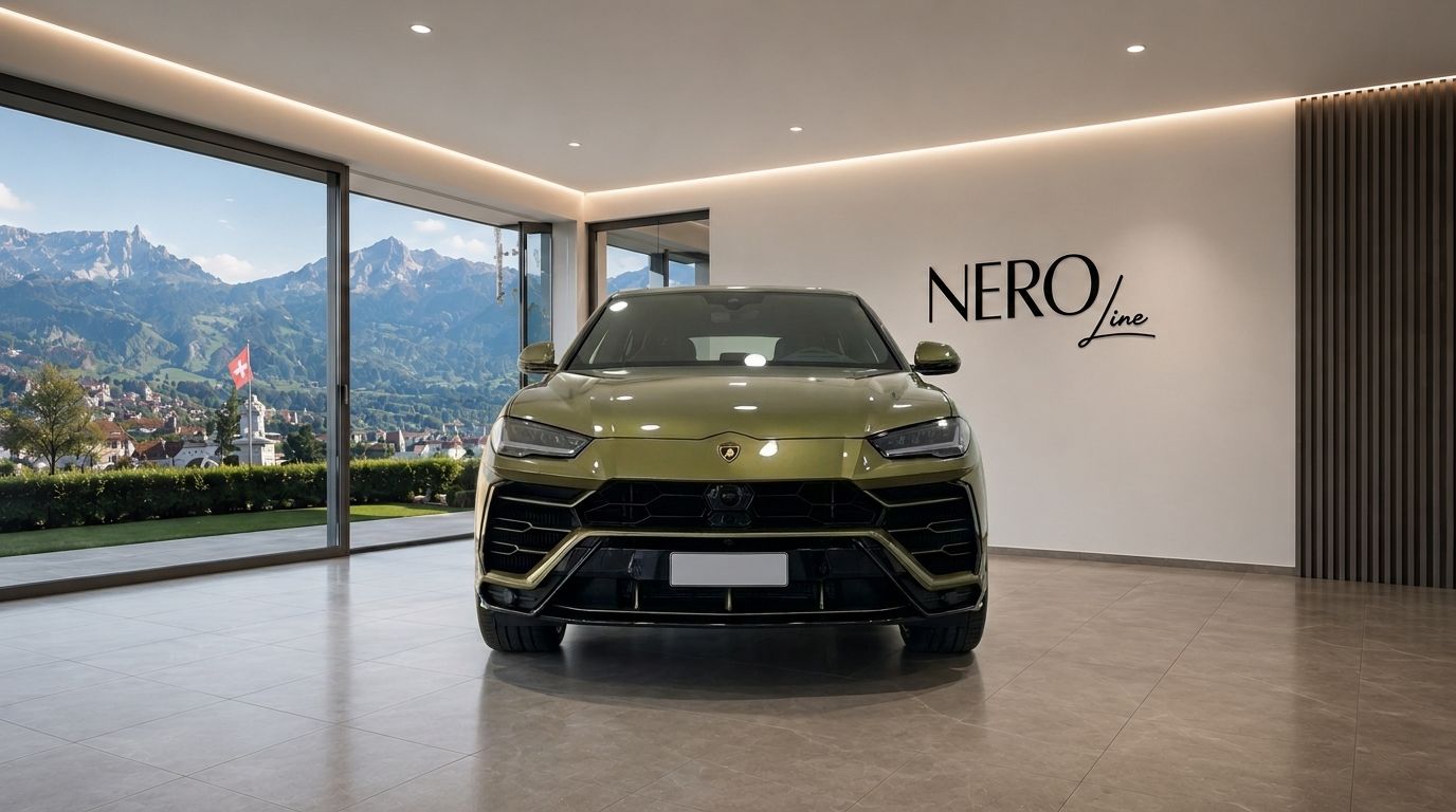The front view of a Gloss Olive Green Metallic Lamborghini Urus SE in a modern showroom with a panoramic mountain view in Zurich.