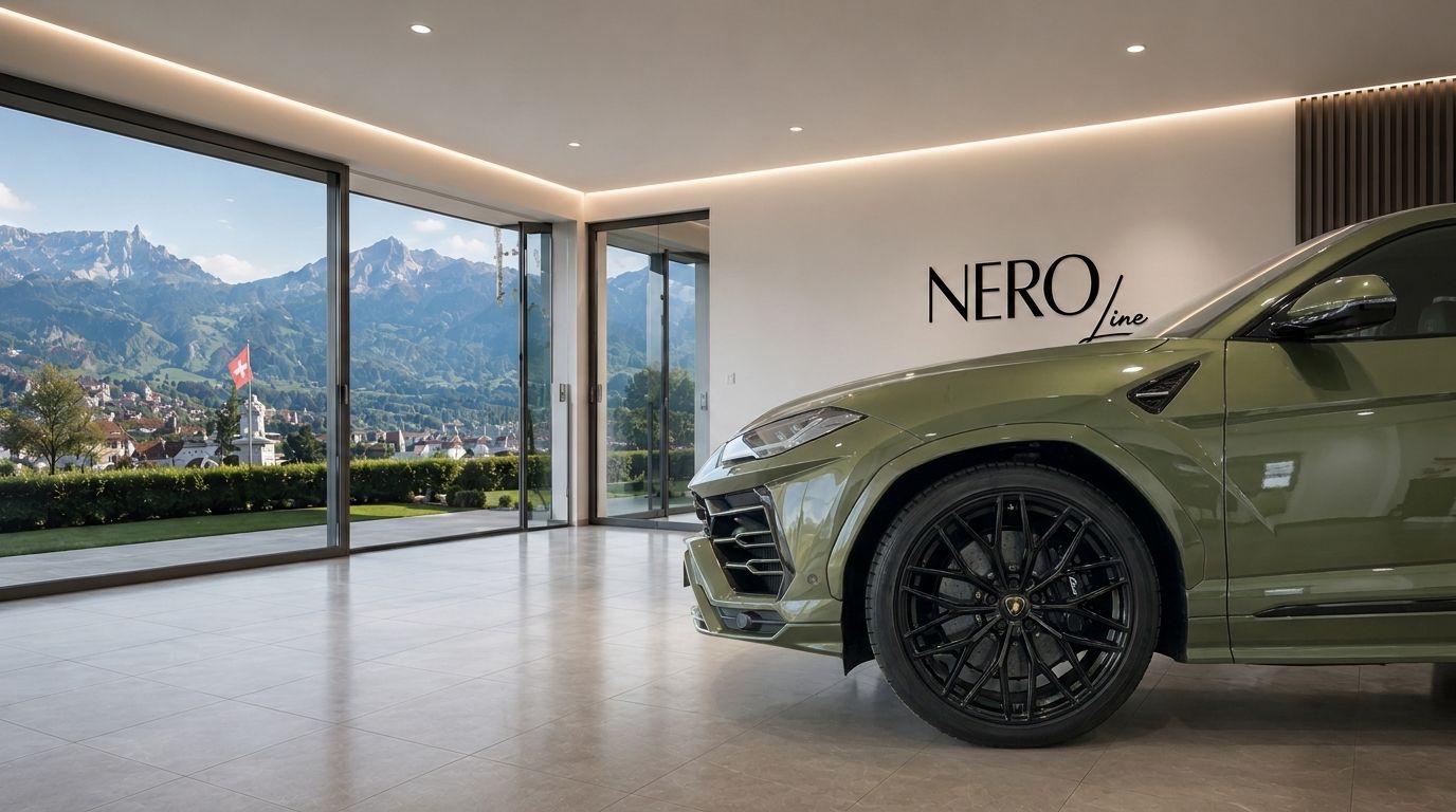 A green Lamborghini Urus SE is parked inside a modern showroom, with large windows revealing a stunning mountain landscape of Zurich.