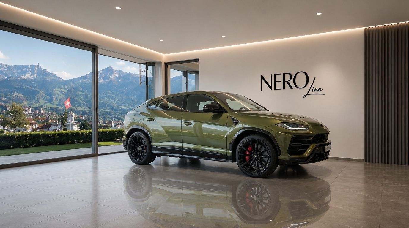 A Gloss Olive Green Metallic Lamborghini Urus SE is parked in a modern showroom with a panoramic view of the Zurich mountains.