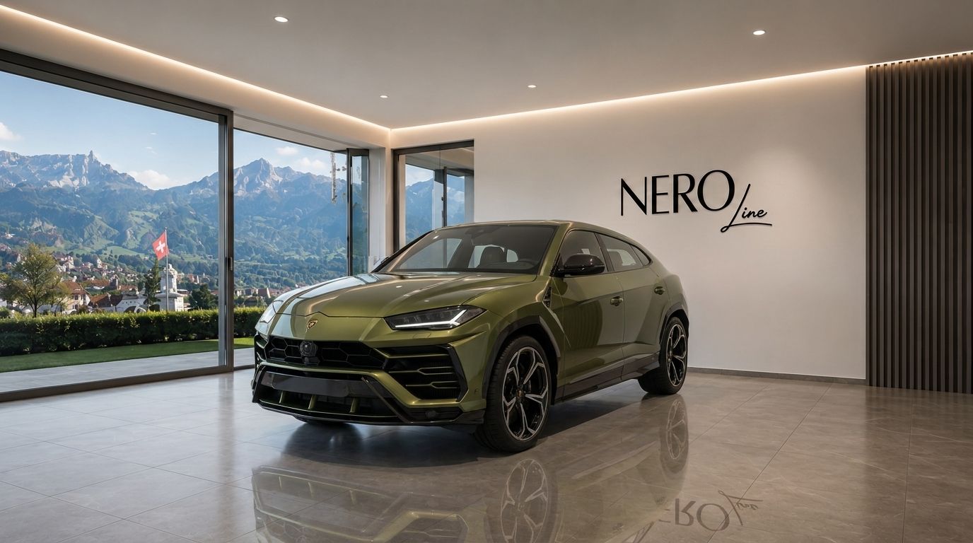 A Gloss Olive Green Metallic Lamborghini Urus SE is parked in a modern showroom with a panoramic view of the Zurich mountains.