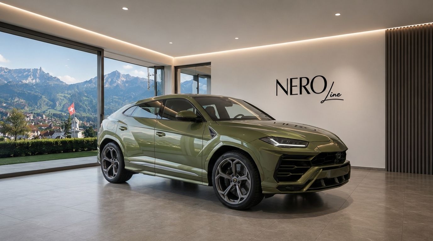 The green Lamborghini Urus SE is parked indoors with a panoramic view of the Zurich mountains and a Swiss flag outside.