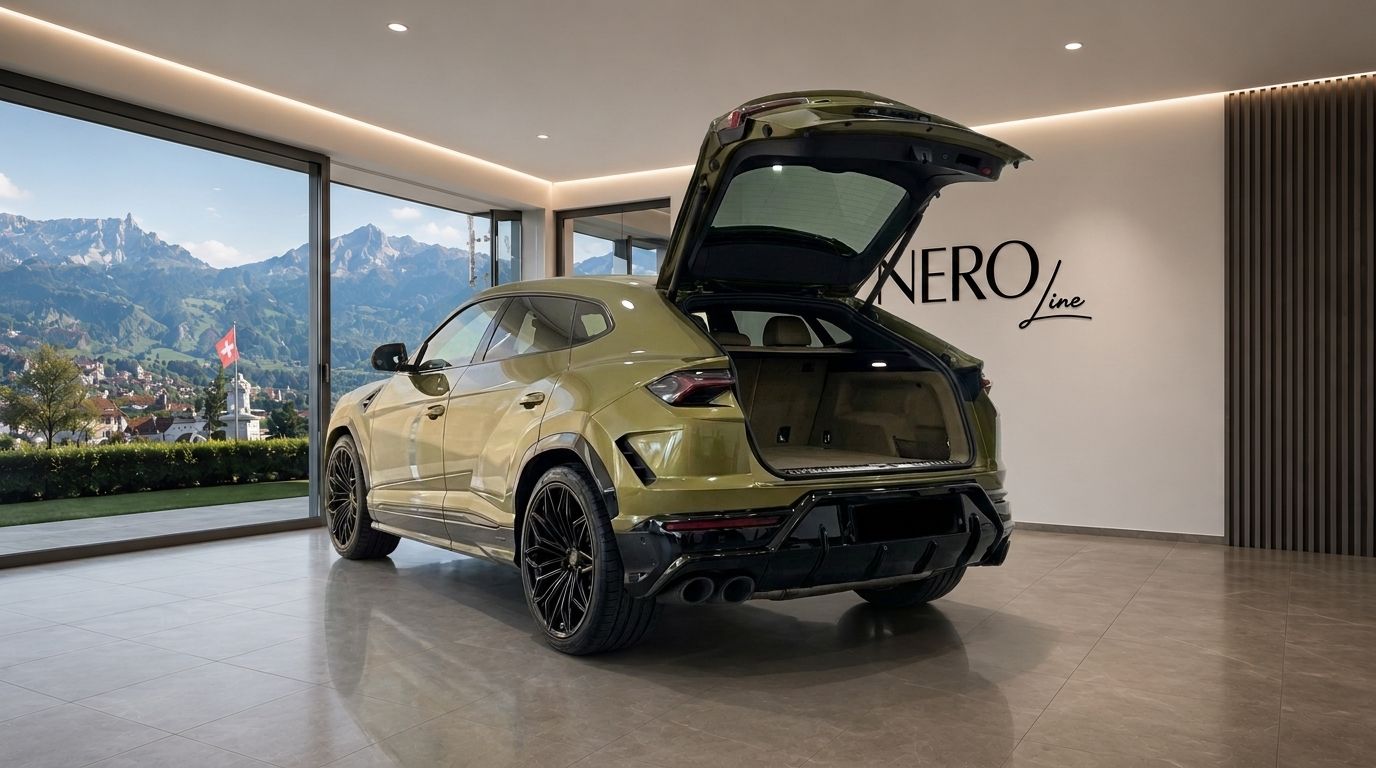 A Gloss Olive Green Metallic Lamborghini Urus SE with its trunk open, parked indoors overlooking the Swiss Alps near Zurich.