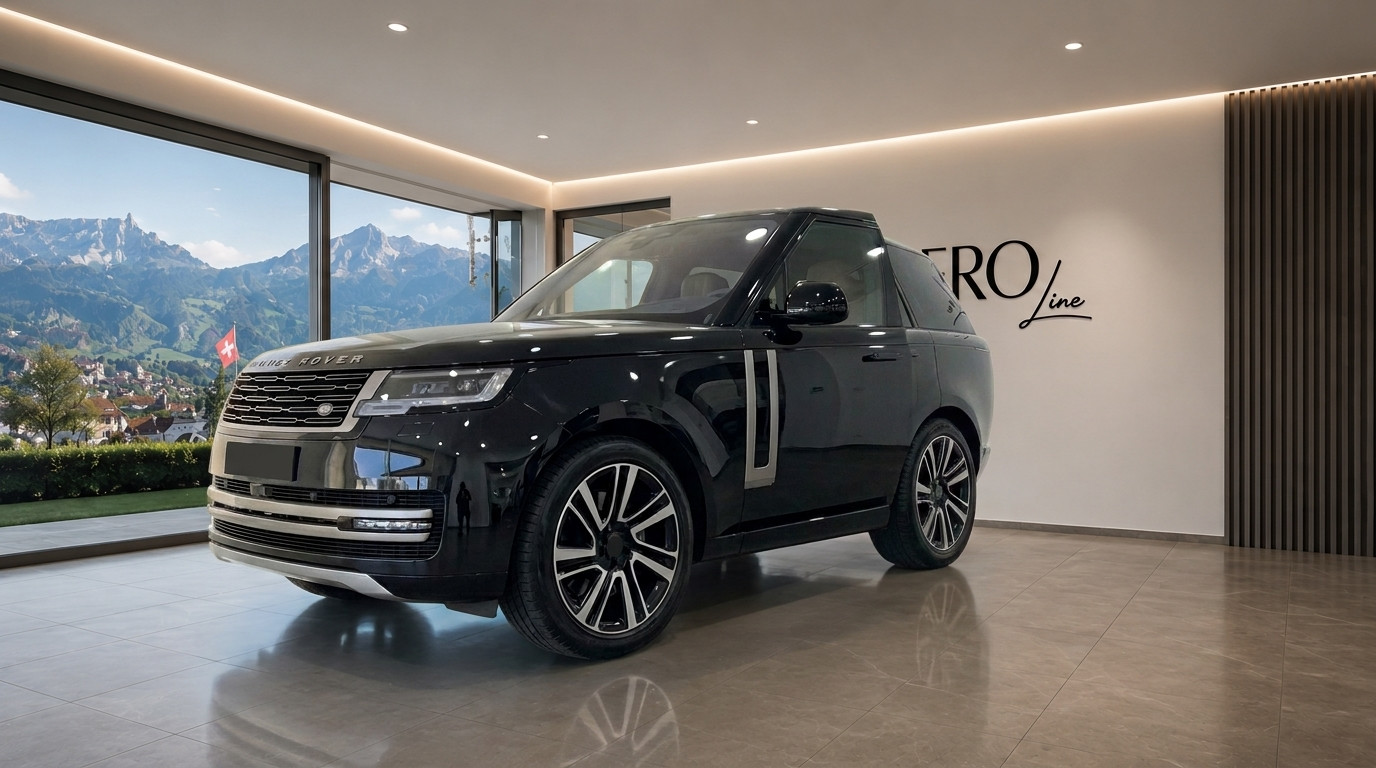 Range Rover LWB — Luxury SUV in Zurich showroom The black Range Rover LWB is parked in a showroom, with a panoramic view of the Swiss mountains and Zurich's landscape in the background.
