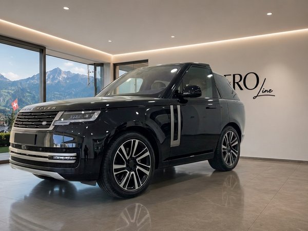 Range Rover LWB — Luxury SUV in Zurich showroom The black Range Rover LWB is parked in a showroom, with a panoramic view of the Swiss mountains and Zurich's landscape in the background.