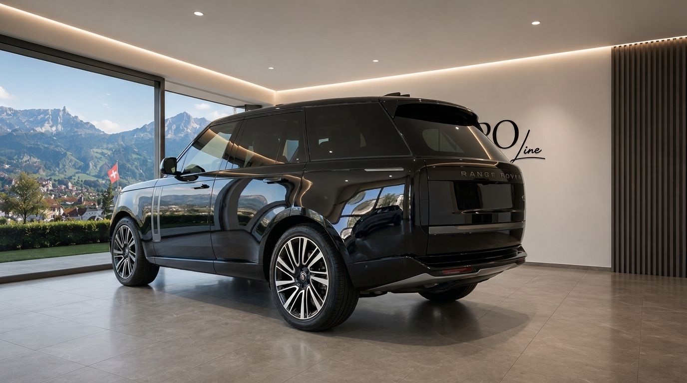 Black Range Rover LWB, rear three-quarter view, parked indoors with a large window overlooking snowy mountains and a Swiss flag in Zurich.