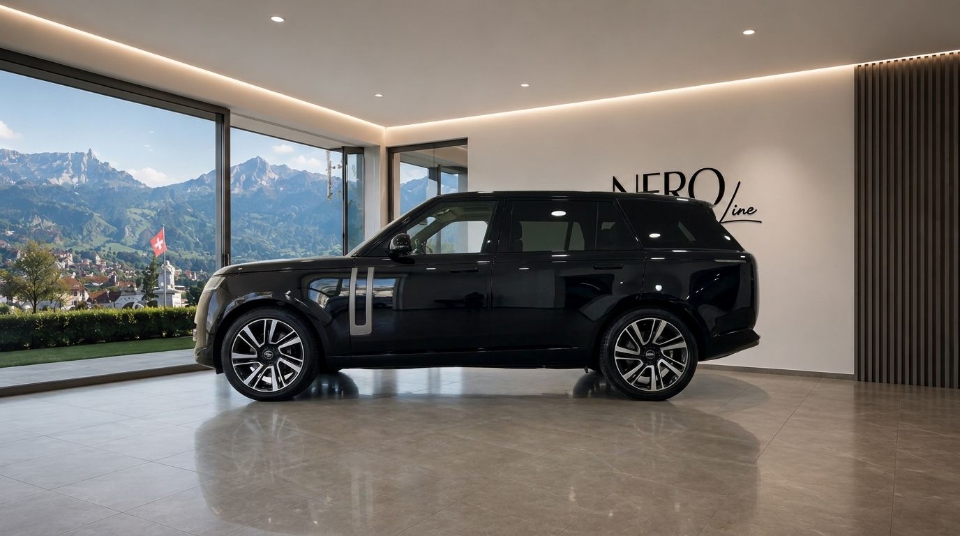 A black Range Rover LWB is parked indoors, showcasing its sleek side profile against a stunning mountain backdrop in Zurich.