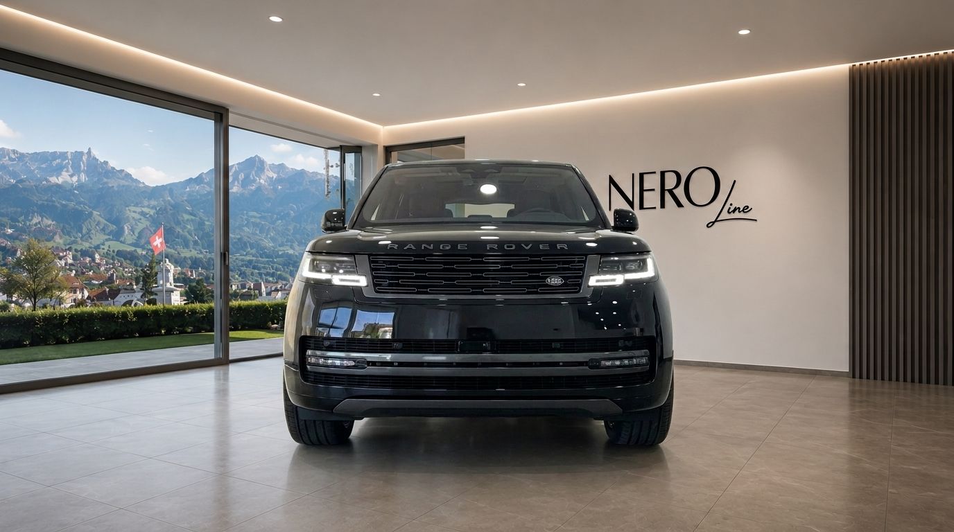 The black Range Rover LWB is prominently displayed in a modern Zurich showroom, with stunning Swiss mountains visible through the large window.